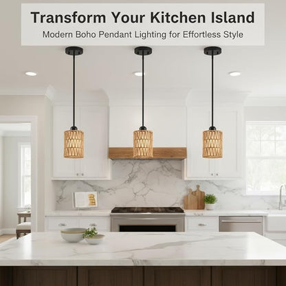 Pendant Light Boho Hanging Lamp - Rattan & Linen 2-in-1 Shade, Adjustable Hanging Lights Fixture for Kitchen Island, Dining Room, Farmhouse, Bedroom (3 Pack)