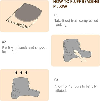 Unisakey Portable Comfy Reading Pillows for Bed Sitting Up(Beige Oeko-Tex), Velvet Back Pillow with Arms & Pockets for Adults, Support Memory Foam Bed Pillow for Dorm/Reading/Watching/Gaming