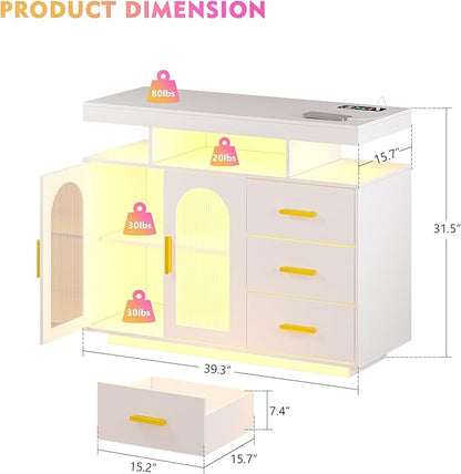 40" LED Buffet Cabinet with Charging Station, Auto Sensor Kitchen Storage