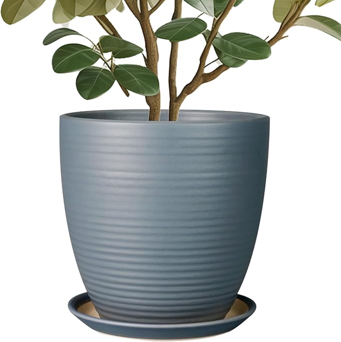 10 Inch Ceramic Planter Round Plant Pots for Plants Indoor Outdoor Glaze Large Flower Pot with Drainage Hole and Saucer Gray