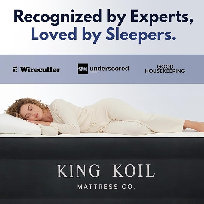 King Koil Pillow Top Plush Full Size Air Mattress with Built-in Pump for Home, Camping & Guests, 16" Inflatable Airbed Luxury Double High Adjustable Blow Up Bed, Waterproof, 1-Year Warranty