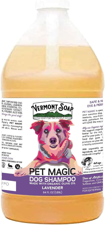 VERMONT SOAP Organics Pet Shampoo - Infused with Organic & Natural Olive Oil, Coconut & Aloe Vera Dog Shampoo for Sensitive Skin - USDA Certified Grooming, Lavender (64oz)