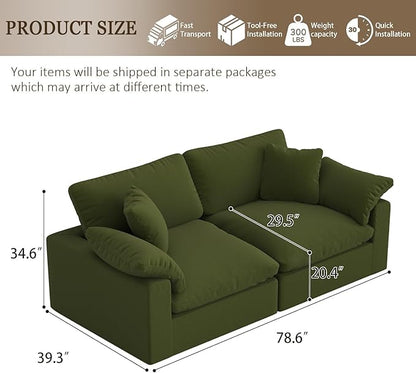 Forest aesthetics Modular Sectional Sofa Cloud Couch,78.6" Down Filled Comfy Cloud Modern Sofa,2 Seater with Green Linen Couch Cushion Covers Removable Furniture for Living Room