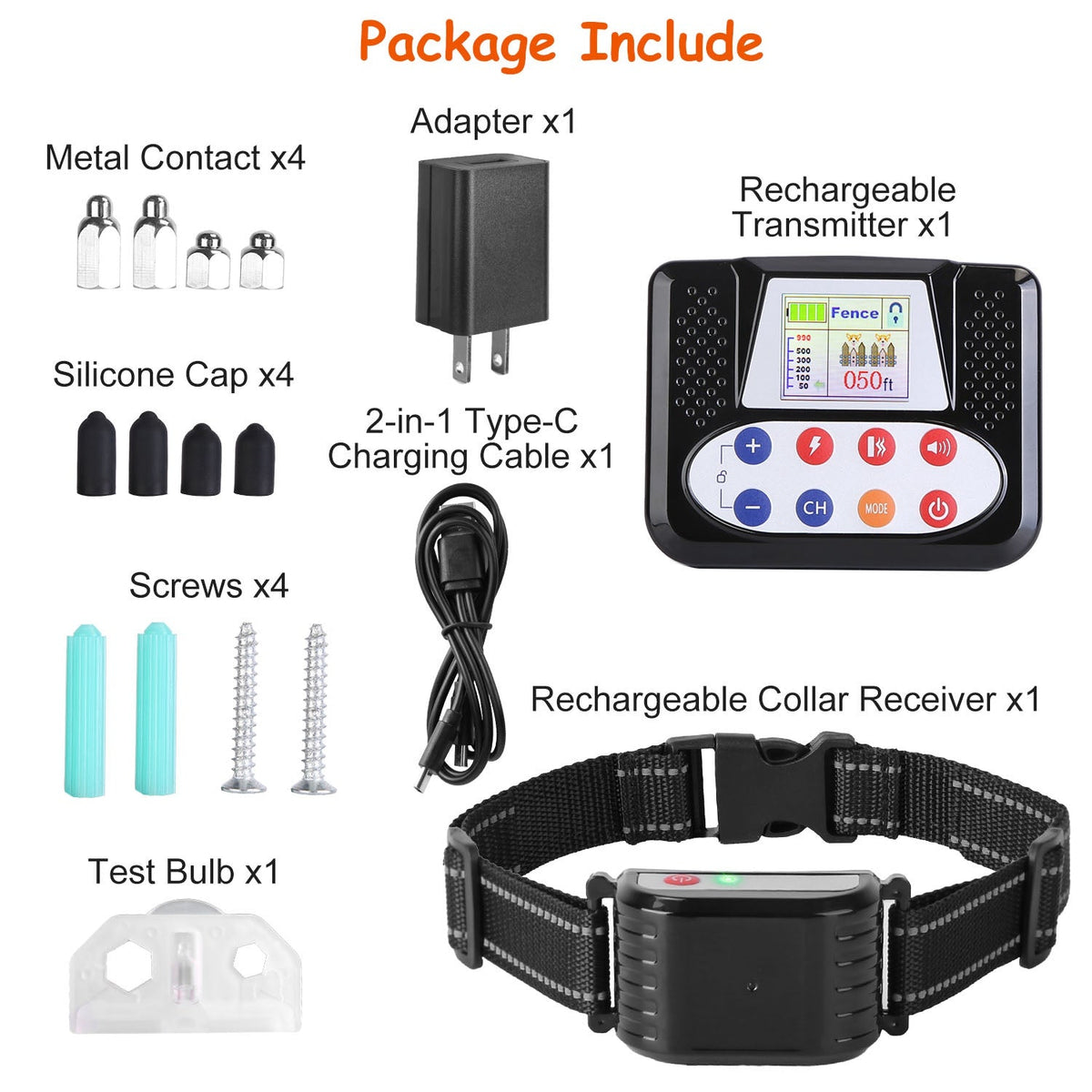1Set 990FT Range Dog Wireless Fence Remote Training Collar IPX6 Waterproof Receiver With 0-9 Levels Beep Vibration Shock Mode 4 Channels Rechargeable Transmitter System