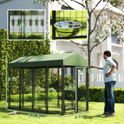 Outdoor Dog Kennel with Rotating Bowl Holders, Pet Playpen with Waterproof Cover, 8 x 4 x 6, Green