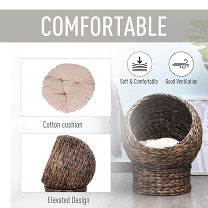 Handwoven Elevated Cat Bed with Rotating Basket and Soft Cushion, Wicker Cat Egg Chair with Stand, Brown