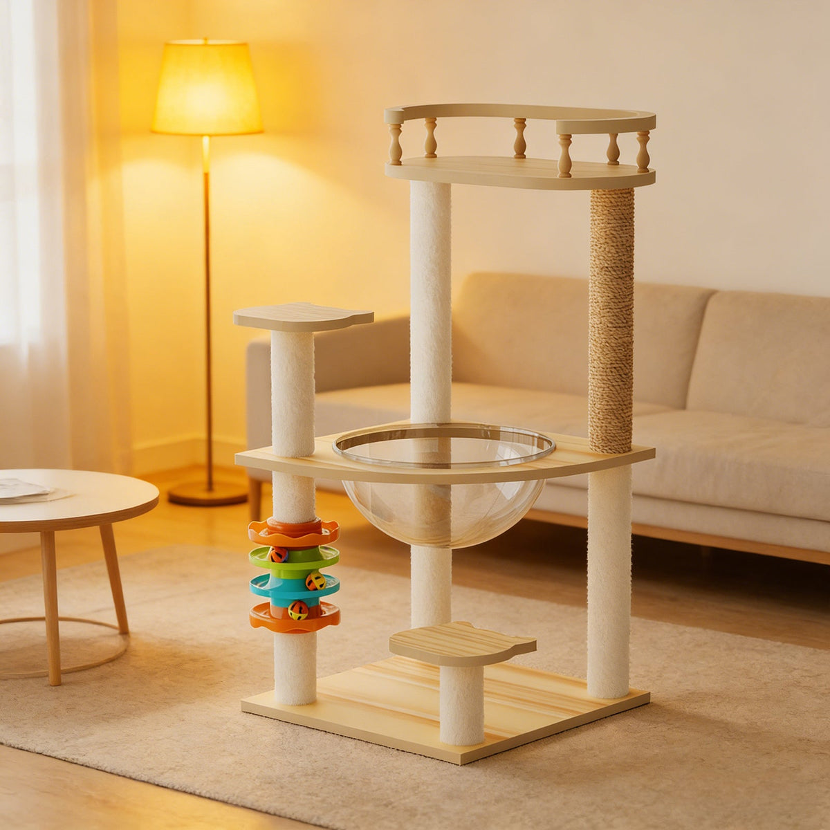 32.2" Modern Cat Tower, Wood Cat Tree Tower for Indoor Cats, Cat Treewith Sisal-Covered Scratching Posts and Top Perch, Cat Condo with Acrylic Hammock and Toys for Small Large Cats