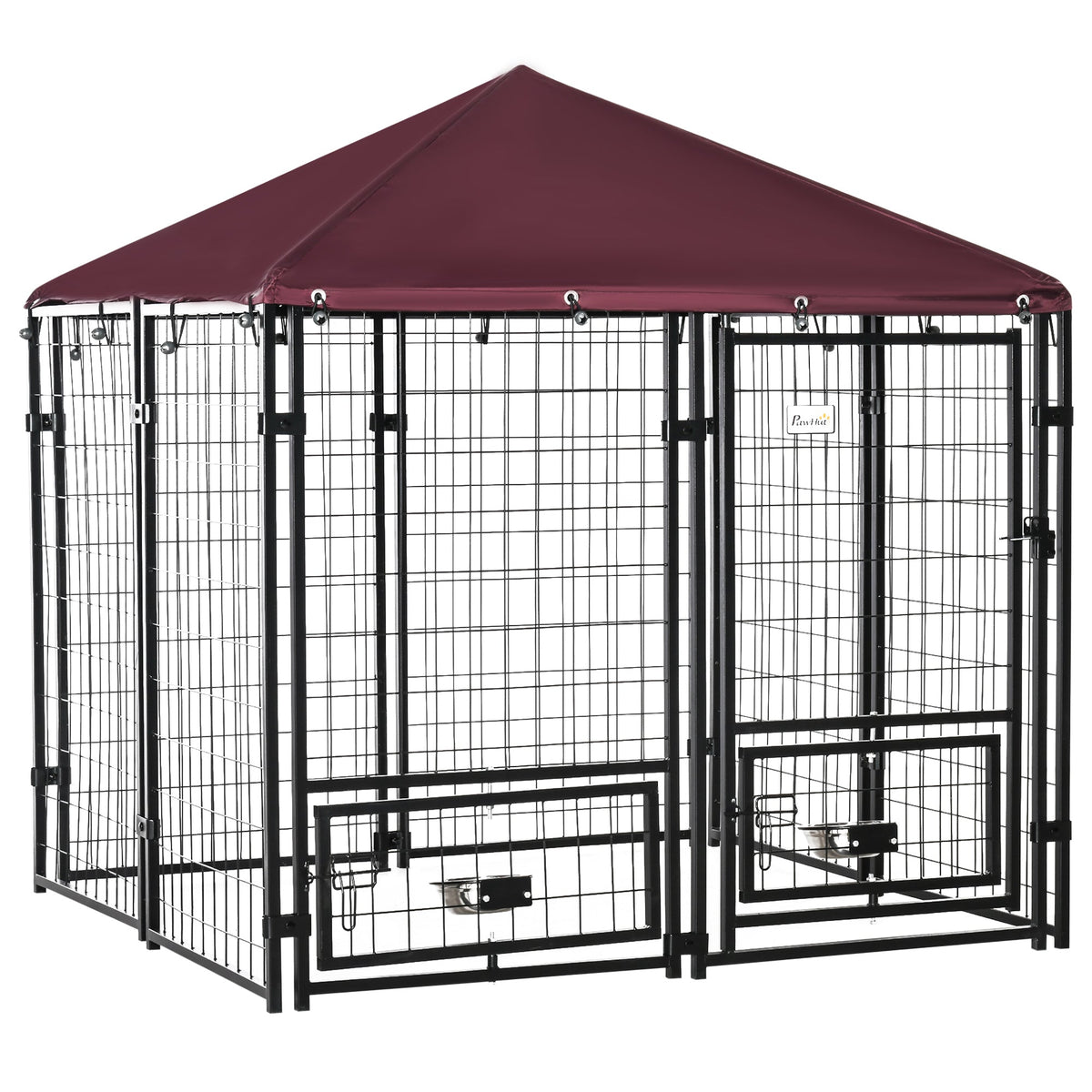 Outdoor Dog Kennel with Rotating Bowl Holders, Pet Playpen with Waterproof Cover, 4.6 x 4.6 x 5, Red