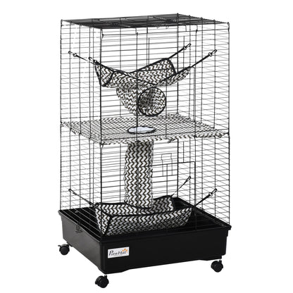 42" Ferret Cage, Small Animal Habitat Metal Pet Cage with Wheels Brakes, Hammocks, Hanging Tunnels, and 3 Doors, Black