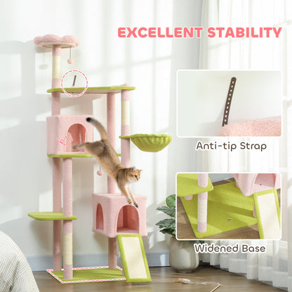 74" Flower Cat Tree, Large Cat Tower with Scratching Post & Board for Indoor Cats, Pink