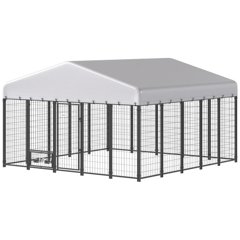 9.8' X 9.8' X 6'Outdoor Dog Kennel, Dog Kennel Outside Run With 360 Rotating Bowls, Waterproof & UV Resistant CoverMultiple Packages