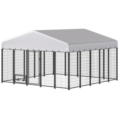 9.8' X 9.8' X 6'Outdoor Dog Kennel, Dog Kennel Outside Run With 360 Rotating Bowls, Waterproof & UV Resistant CoverMultiple Packages