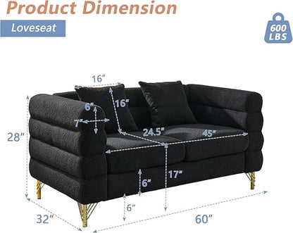 mikibama Modern Teddy Loveseat Sofa, 60 Inch Sectional Sofa Couch, Luxury 2 Seater Deep Couch with 2 Pillows and Gold Metal Legs for Living Room, Bedroom, Apartment (Black)