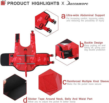 Shark Dog Life Jacket, LifeVests for Boating, High Buoyant Dog Life Vest for Swimming, Adjustable Easy On Pet Jackets for Small, Medium, Large Dogs (Red Triangle,XL)