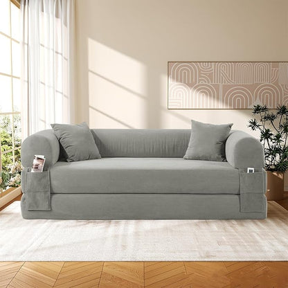 Convertible Futon Sofa Bed,80" Folding Pull Out Couch Bed with Pillows & Storage Pocket, Oversized Queen Sleeper Sofa in a Box,Corduroy Boneless Couch for Living Room,Light Grey