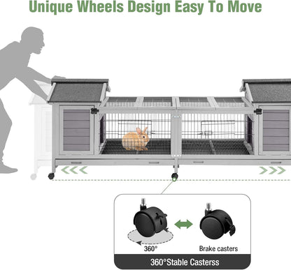Wooden Rabbit Hutch with Wheels, Indoor Outdoor Bunny Cage with Removable Netting, Guinea Pig House with Leak-Proof Trays