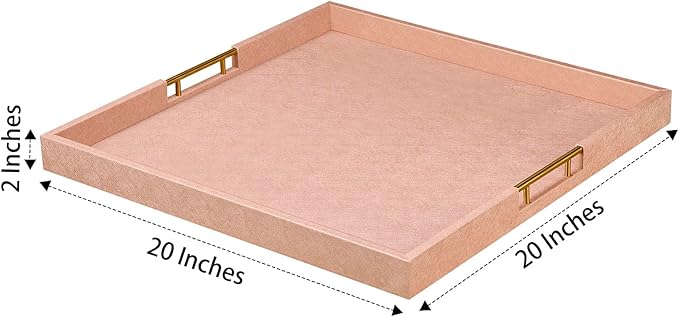 20x20 Inches Large Champagne Faux Leather Wrapped Wood Ottoman Tray with Handles for All Occasions, Serving Breakfast On Bed, Home Decor Decorative, Living Room,Square Coffee Table Organizer
