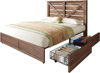 AMERLIFE Full Size Farmhouse Bed Frame with 4 Drawers, Wooden Storage Bed Frame with Headboard and Heavy Duty Metal Slats, Noisy Free, Easy Assemble, Rusric Brown