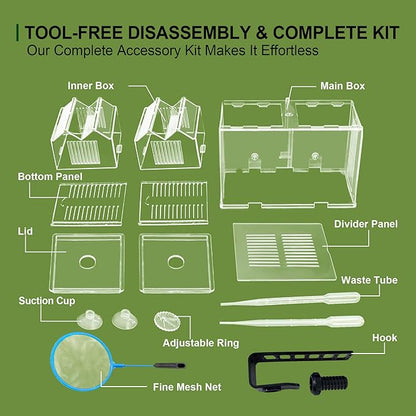 Dual-Chamber Aquarium Fish Breeder & Isolation Box, Transparent Hatching Incubator Tank with Suction Cups & Hook, Nursery for Livebearer Guppy Fry Breeding and Betta Fish, Shrimp Quarantine