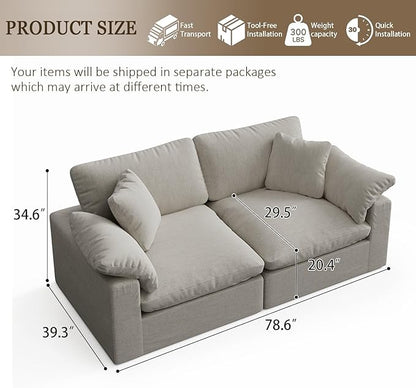 Forest aesthetics Modular Sectional Sofa Cloud Couch,78.6" Down Filled Comfy Cloud Modern Sofa,2 Seater with Light Beige Linen Couch Cushion Covers Removable Furniture for Living Room
