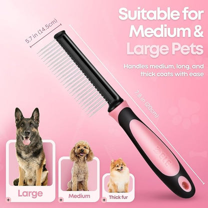 Flexzion Dog Comb - Pet Cat Grooming Trimmer Brush Stainless Steel Blade for Small Animal Puppy Matted Tangles Hair Cutting Removing Tool with Rounded Teeth Needle Soft Grip Handle (Pink)