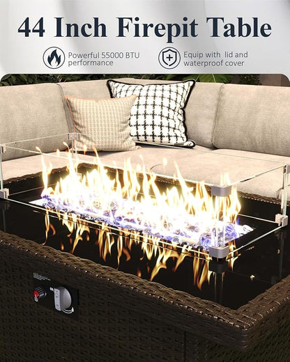 LayinSun 6-Piece Outdoor Modular Wicker Sectional Sofa with Fire Pit Table, Patio Furniture Conversation Set with Deep Seating and Thick Cushions