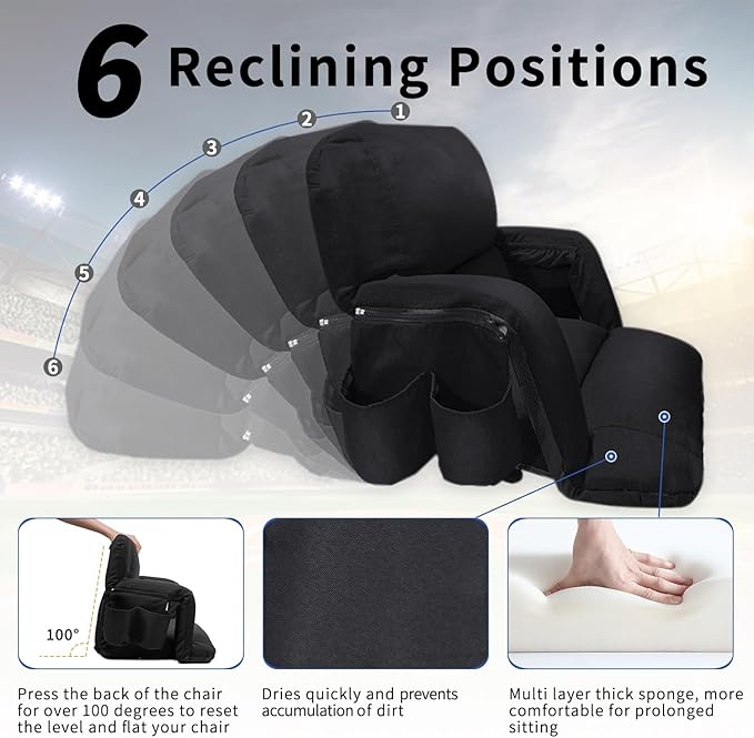 Aventorixis Extra Wide Stadium Seats with Back Support – 2 Pack Sofa-Style Bleacher Chairs, Thick Cushions, 6 Reclining Positions(Black-2 Pack,Wide|25")