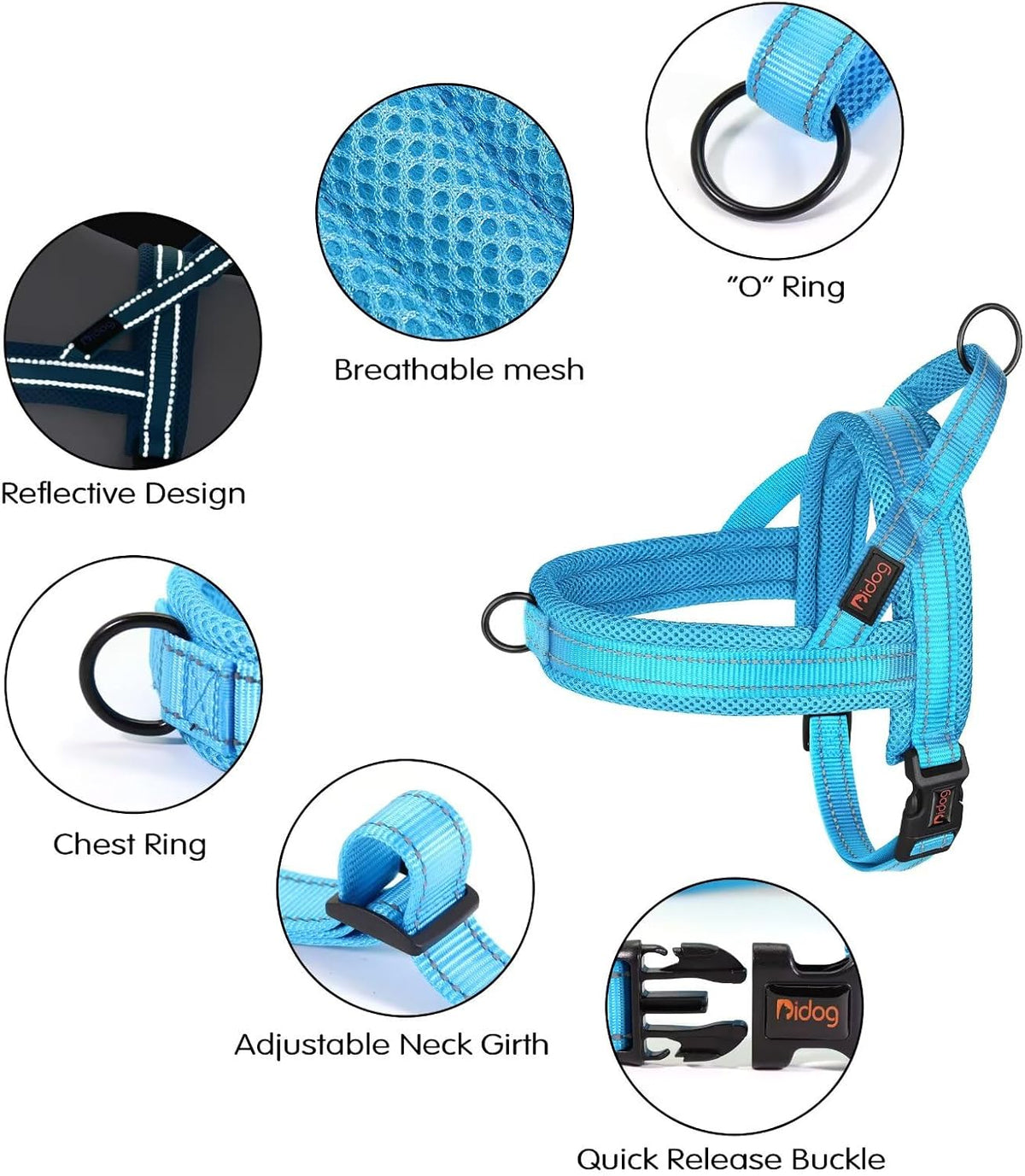 Didog No Pull Dog Harness with Soft Mesh Padded,Reflective & Quick Fit Light Weight Dog Strap Vest Harness,Easy for Walking Training (M:Chest 21-26", Mesh-Blue)