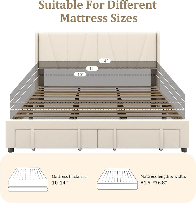 King Bed Frame with Storage Drawers, Upholstered King Size Platform Bed with 47" Tall Headboard and Wingboard, No Box Spring Needed, NO Noise, Easy Assembly, Wooden Support Slats, Beige