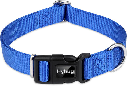 Hyhug Pets Solid Color Classic Regular Heavy Duty Basic Collar for Pup Dogs, Unique Design Adjustment Triglide Slide (Buckle) Can Attached Name Tag Accessories. (Small, Bright Blue)