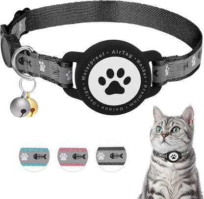 Waterproof Airtag Cat Collar, Reflective Cat Airtag Collar with Bell, Breakaway Cat collar AirTag Holder, Lightweight Kitten Collar for Apple Air tag, Cat GPS Collars for Girl Boy Cats, Kitten (Black)