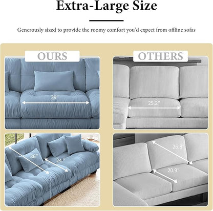 133.8" Oversized Couch, 3 Seater Modular Sectional Sofa, Blue Large Sectional Couches for Living Room, Fluffy Chenille Fabric Cloud Couch with 5 Pillows, Deep Seat Sofas