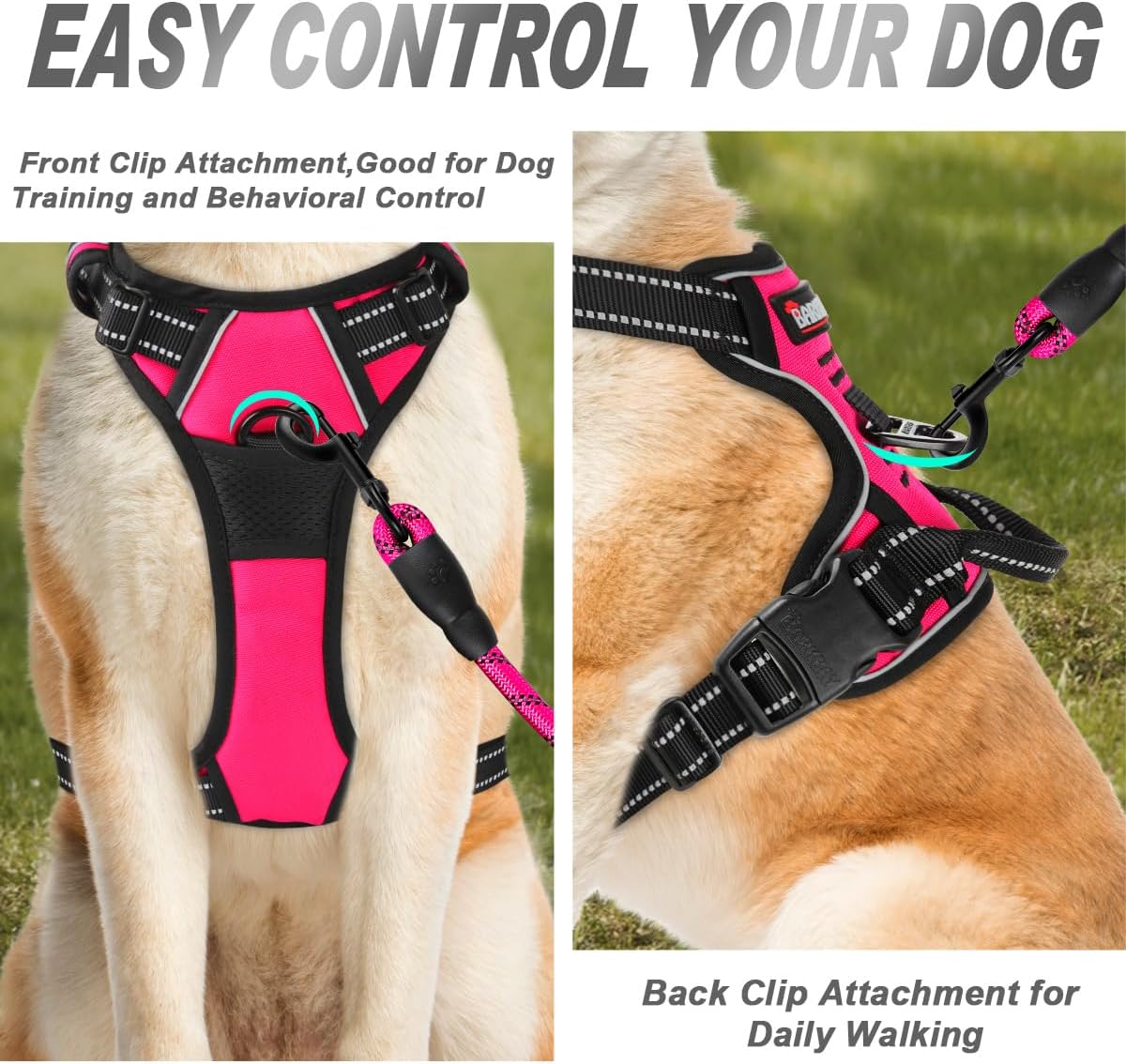 BARKBAY No Pull Dog Harness Front Clip Heavy Duty Reflective Easy Control Handle for Large Dog Walking(Pink,XL)