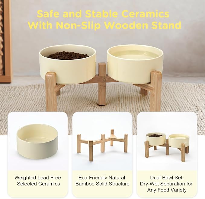 SPUNKYJUNKY Elevated Dog Bowls Ceramic, 6.1'' Dogs and Cat Food Water Bowls Raised with Non-Slip Bamboo Stand for Medium Sized Breed Microwave Dishwasher Safe - 28.7 OZ,Beige