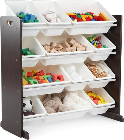 Humble Crew Kids Toy Storage Organizer with 12 Plastic Bins, Espresso/White – Removable Bins for Playroom, Bedroom, Toddler Furniture for Boys and Girls Ages