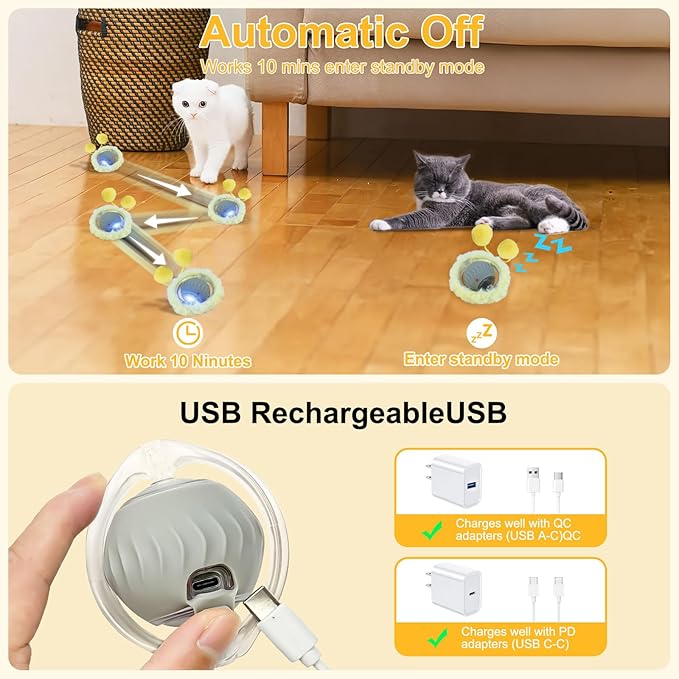 Interactive Cat Toys for Indoor Cats, Automatic Motion Toy in Pouch, Activated Fast Rolling Ball in Play Mat, Hide and Seek Mouse Catching Game with Chirping, LED Light, Auto On/Off (Grey)