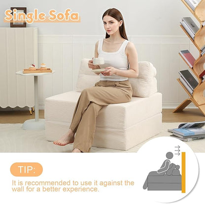 MeMoreCool Folding Sofa Bed – Convertible Sleeper Chair with Pillow, Beige, 31.5″ × 70.1″ Shredded Foam Lounge Chair for Living Room, Bedroom, Small Spaces | Headrest & Lumbar Support, Corded Fabric