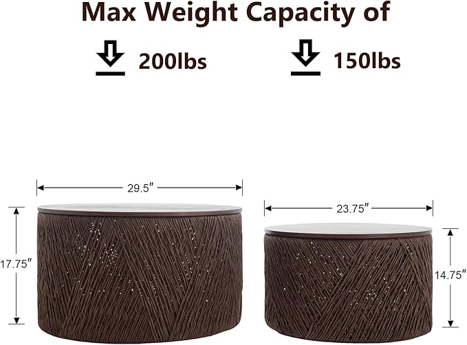 Kmax 30" Round Wood Nesting Coffee Table Set of 2 Handcraft Woven Rope Sofa Tables Both with Storage Drum End Table Side Table for Small Space Living Room No Assembly Needed, Dark Brown