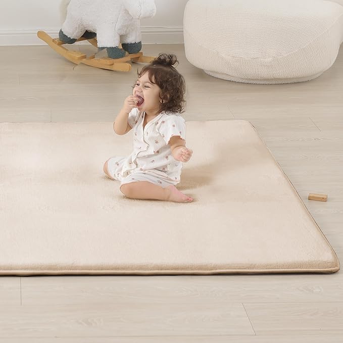 PAPAMAT 1.3" Thick Baby Floor Play Mat 79x158, Basic Padded Foam Mat for Tummy Time Crawling, Non Slip Cushioned for Babies Toddlers Infants Kids (Beige)