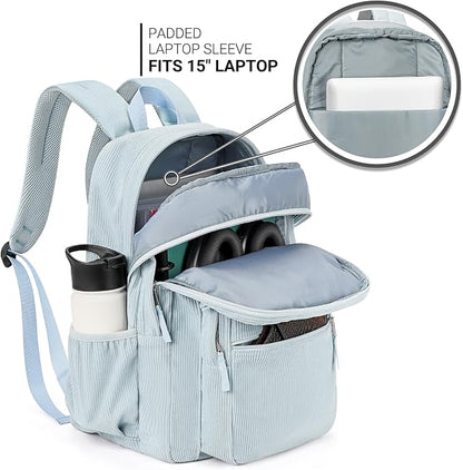 ZORFIN 26L Backpack for College, and Travel: Corduroy Bookbag - Sky Blue