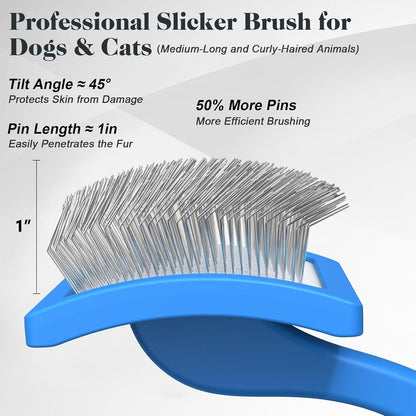 2PCS Slicker Brush for Dogs & Pet Comb,Professional Dog Grooming Brush (Goldendoodles,Poodles,Labradoodles) with Extra Long Pins to Effectively Remove Tangles, Knots and Mats (Blue)