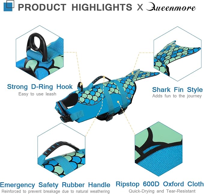 Mermaid Dog Life Jacket - Lightweight Dog Swimming Vest, High Buoyant for Small, Medium, Large Dogs (Blue,XXL)