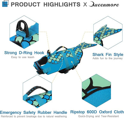 Mermaid Dog Life Jacket - Lightweight Dog Swimming Vest, High Buoyant for Small, Medium, Large Dogs (Blue,XXL)