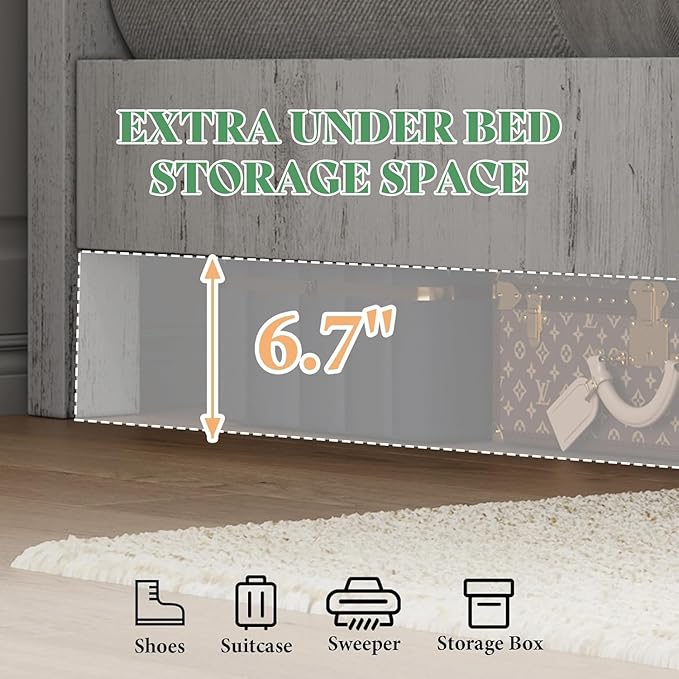 AMERLIFE King Size 51.2" Wood Bed Frame, Rustic Platform Bed with Spliced Headboard, Wood Slats Support/No Box Spring Needed/Noiseless/Antique White