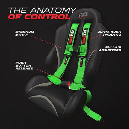 1pc 50 Cal Green 4 Point Harness 3in Straps, Racing Harness Seat Belt | Ultra Kush padding, Push Button quick release hardware. Universal Fit for UTV, RZR, race car.