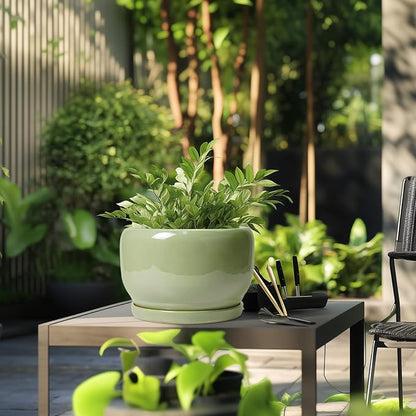 SQOWL Ceramic Planter - 10 Inch Pot for Plants Indoor Outdoor, Round Modern Flower Pot with Drainage Hole and Saucer, Decorative Large Planter, Office Decor, Plant Lovers Gifts, Green