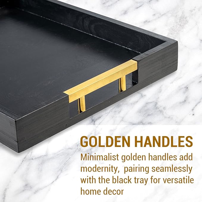 MyGift 15.5 Inch Decorative Ottoman Tray, Designer Vintage Black Solid Wood Serving Platter with Gold Tone Metal Handles, Coffee Table Kitchen Home Decor
