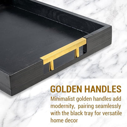 MyGift 15.5 Inch Decorative Ottoman Tray, Designer Vintage Black Solid Wood Serving Platter with Gold Tone Metal Handles, Coffee Table Kitchen Home Decor