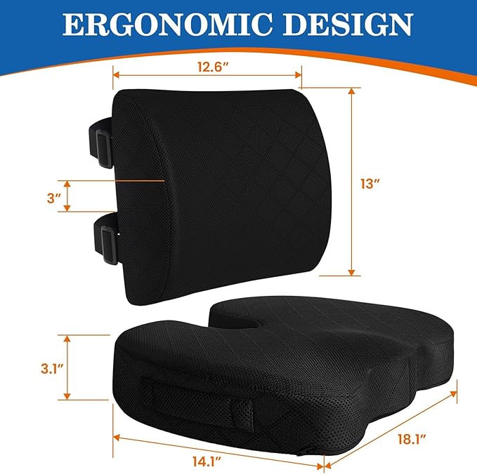TushGuard Back&Seat Cushion, Car Seat Office Chair Cushions, Breathable Memory Foam Lumbar Back Support Pillow, Portable Airplane Seat Cushion for Travel, Computer Desk, Wheelchair, Driving (Black)