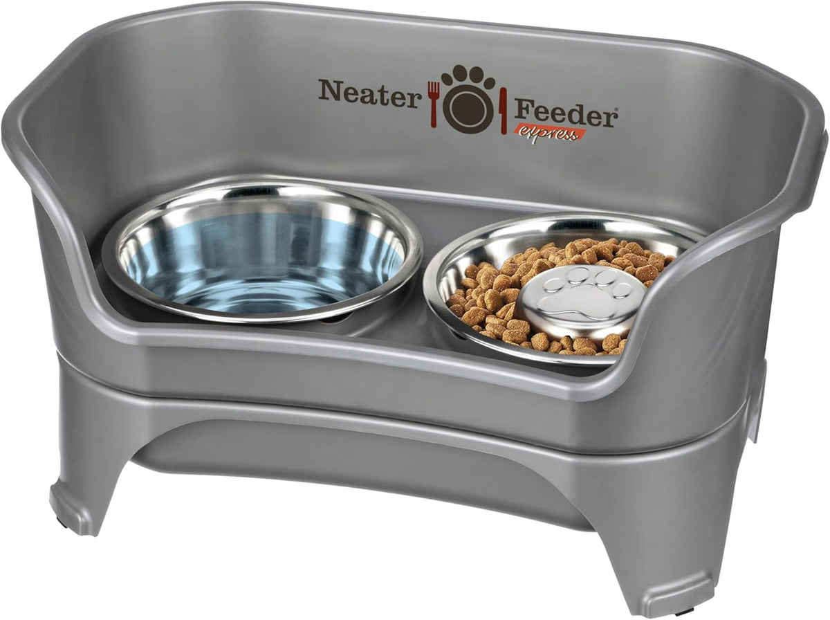 Neater Feeder - Express Model w/ Slow Feed Bowl - Mess-Proof Dog Bowls (M/L, Grey) Made in USA – Elevated, No Spill, Non-Tip, Non-Slip, Raised Stainless Steel Food/Water Pet Bowls Aid Digestion